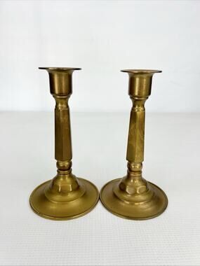Vintage Brass Taper Candle Holders Matching Pair 6.25” Tall Beautiful Patina MCM